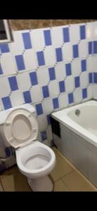 a bathroom with a toilet and a blue and white tiled wall at Kitano hotel and suites in Port Harcourt