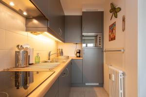 a kitchen with gray cabinets and stainless steel appliances at Cozee in Ostend