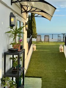 リンコン・デ・ラ・ビクトリアにあるLa Posada del Bonsaiの植物とアーバーと海のあるパティオ