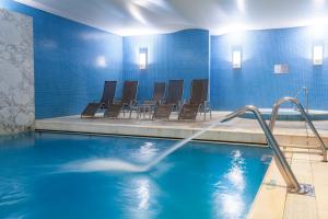 a swimming pool with chairs and a bird in the water at Hotel de Guimaraes Business & SPA in Guimarães