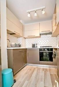 ブカレストにあるLuxury 2BR Apartment Victoriei with Parking!の白いキャビネットと木製の床を備えたキッチン
