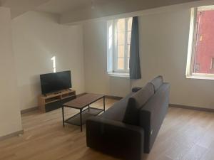 a living room with a couch and a tv at Bel appartement au centre du vieux Nyons en Drôme Provençale in Nyons