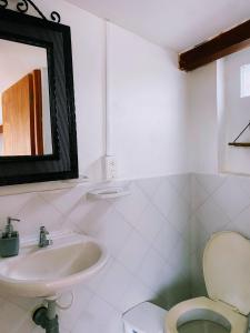 卡塔赫纳Casa Trinidad Getsemaní Hotel的浴室里有洗手池、马桶和镜子。