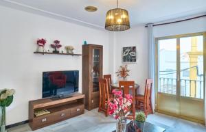 a living room with a tv and a table with flowers at CASA FILO VISTAS MONTAÑa in Rute
