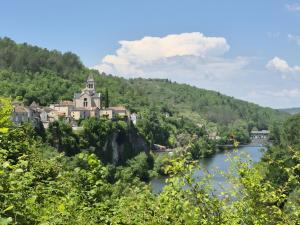 een kasteel op de top van een berg naast een rivier bij Gite Lou Bas in Albas