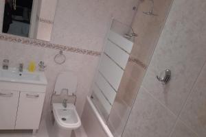 une salle de bains avec douche, toilettes et lavabo dans l'établissement 2 Bed Apartment Sleeps 6 -Public pool and Patio, à La Cala de Mijas 5 autres photos