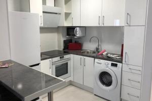 une cuisine avec une machine à laver et un évier dans l'établissement 2 Bed Apartment Sleeps 6 -Public pool and Patio, à La Cala de Mijas
