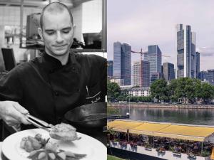 un homme tenant une assiette de nourriture avec un bol de nourriture dans l'établissement Mercure Residenz Frankfurt Messe, à Francfort-sur-le-Main