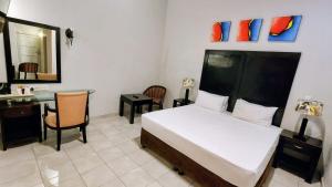 a bedroom with a bed and a desk and a mirror at Shumba Valley Lodge Lanseria Airport in Lanseria