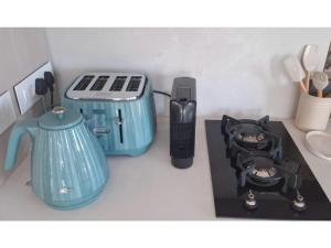 encimera de cocina con licuadora y fogones en Pringle Bay Villa, en Pringle Bay