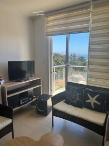 a living room with a couch and a flat screen tv at Cómodo departamento in El Tabo