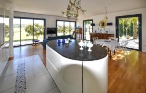 a large kitchen and living room with a large island at Maison Avec Piscine Et Jacuzzi in Allex