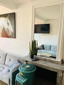 Una sala de estar con un sofá y un espejo. en Hôte Labyrinthe sur la place chambres d, hôtes , calme ,Netflix, en Mirepoix