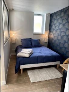 a bedroom with a bed with blue sheets and a window at Charmant Studio Balneo wifi clim borne electrique in Vierzon