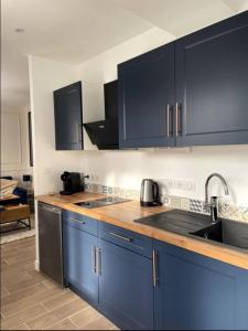 a kitchen with blue cabinets and a sink at Charmant Studio Balneo wifi clim borne electrique in Vierzon +15 photos