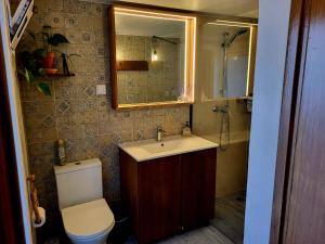 Un baño con inodoro, lavabo y espejo. en This Old House, en Lombada Velha
