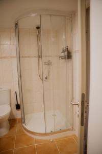 a bathroom with a shower and a toilet at Ferienwohnung zur kleinen Grede in Herborn +7 photos