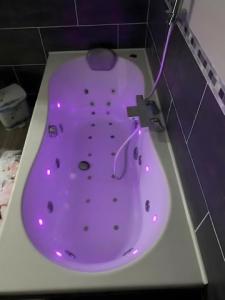 FromentièresにあるGîte Comme Chez Soi En Champagneの紫色のバスタブ(紫色の照明付)が備わる客室です。 +8枚の写真