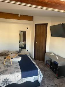 ein Schlafzimmer mit einem Bett und einem Flachbildfernseher in der Unterkunft Apartamento Sol Nascente no centro da cidade in Cruz das Almas