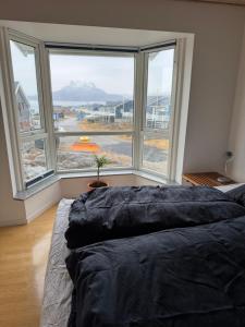 a bedroom with a bed and a large window at Byens bedste udsigt in Nuuk