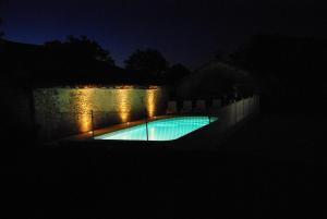ein Pool in der Nacht mit Lichtern an der Wand in der Unterkunft La Maison d'Elise in Usson-du-Poitou