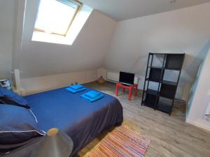 a bedroom with a bed with blue sheets and a window at Les nichoirs - Appartemment à Vouvray in Vouvray