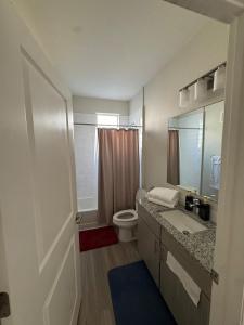 a white bathroom with a toilet and a sink at Lovely Apartment in Austin shopping Dining in Cedar Park
