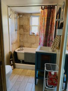 a bathroom with a tub and a sink and a toilet at Cacapon Riverside Getaway in Great Cacapon
