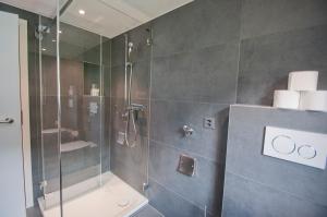 a bathroom with a shower with a glass door at Bishorn, Chalet Wiedersehn in Grächen