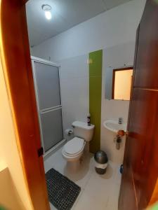 une petite salle de bain avec toilettes et lavabo dans l'établissement Bonito Apartamento en Mompox, à Santa Cruz de Mompox