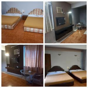 three pictures of a hotel room with two beds at Strawberry Country in Mahabaleshwar
