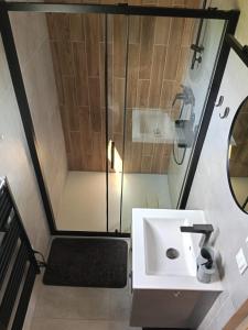 a bathroom with a sink and a shower at Domek Leśna Przystań 