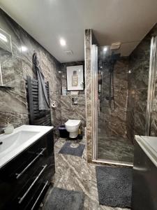 a bathroom with a shower and a toilet and a sink at La Monique - Luxury Nautical Apartment in Stará Turá