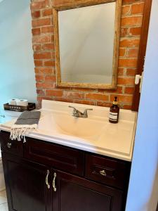 a bathroom sink with a mirror on a brick wall at Free Parking - Prime Location - Downtown in Columbus +22 photos