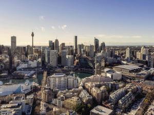 an aerial view of a city with tall buildings at ibis Sydney Darling Harbour in Sydney