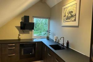 a kitchen with a sink and a window at 1 Bed Loft Sleeps 4 -Hot Tub Sauna & Pets Ok in Stokmarknes