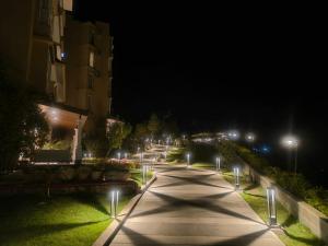 an empty street at night with street lights at Luxury Aloha Apartments, Rishikesh in Rishīkesh +14 photos
