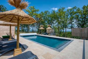 une piscine avec un parasol en paille et quelques chaises dans l'établissement Le Pech Eternel - Spa des Charmes, à Sarlat-la-Canéda