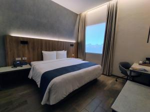 a hotel room with a large bed and a window at Hotel Soretti in Durango