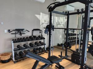 a gym with a lot of weights at Hotel Soretti in Durango +33 photos