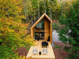 an overhead view of a cabin in the woods at Camp Haliburton - Waterfront A-Frame in Wilberforce