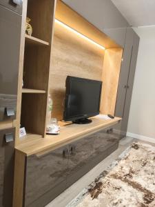 TV sentada en un escritorio en una habitación en Delfinului Retreat, en Ovidiu