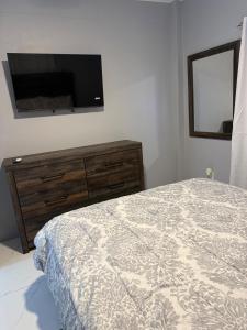 a bedroom with a bed and a tv on the wall at Adasie Palace in Saint Johnʼs
