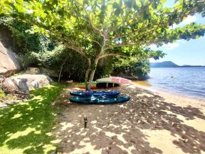a group of boats on a beach with a tree at Villa Colosseum in Florianópolis