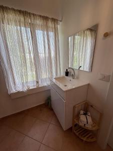 a bathroom with a sink and a mirror and a window at Country house in Golan in Kidmat Tsvi +56 photos