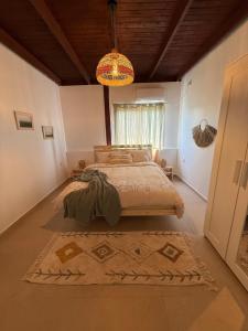 a bedroom with a bed and a chandelier at Country house in Golan in Kidmat Tsvi