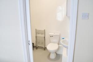a white bathroom with a toilet and a sink at Regina's Place in London +2 photos