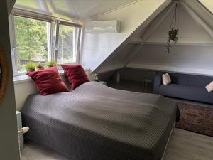 a bedroom with a large bed with red pillows at Onder het dak van Brabant in Mierlo