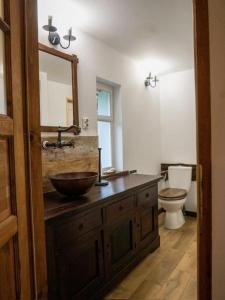 a bathroom with a wooden sink and a toilet at Enchanting Historical Farm in Roztocze, Poland 