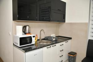 a small kitchen with a microwave and a sink at Apartman Dimić, Vrnjačka Banja in Vrnjačka Banja